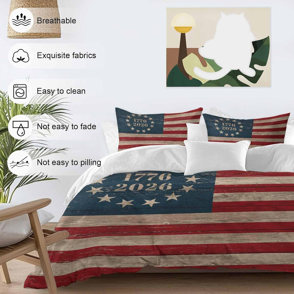 Independence Day Duvet Cover Set Queen Size 4 Pieces Retro American Flag Patriotic Red Blue Stripe Star Bedding Set with Zipper Closure, 1 Comforter Cover 92x106 Inches 1 Flat Sheet & 2 Pillow Cases