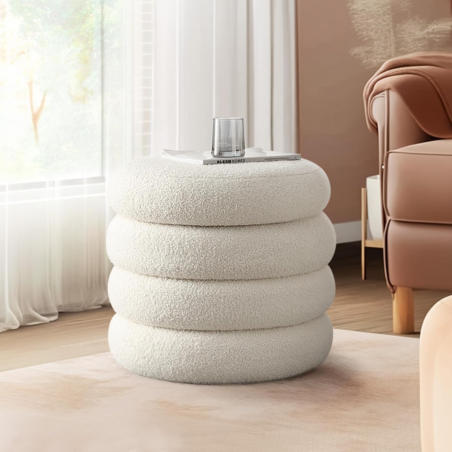 19.5 Inch Round Storage Ottoman, Modern Sherpa Ottoman Coffee Table with Removable Top, White Vanity Stool with Storage for Bedroom, Living Room, Dorm, Set of 1