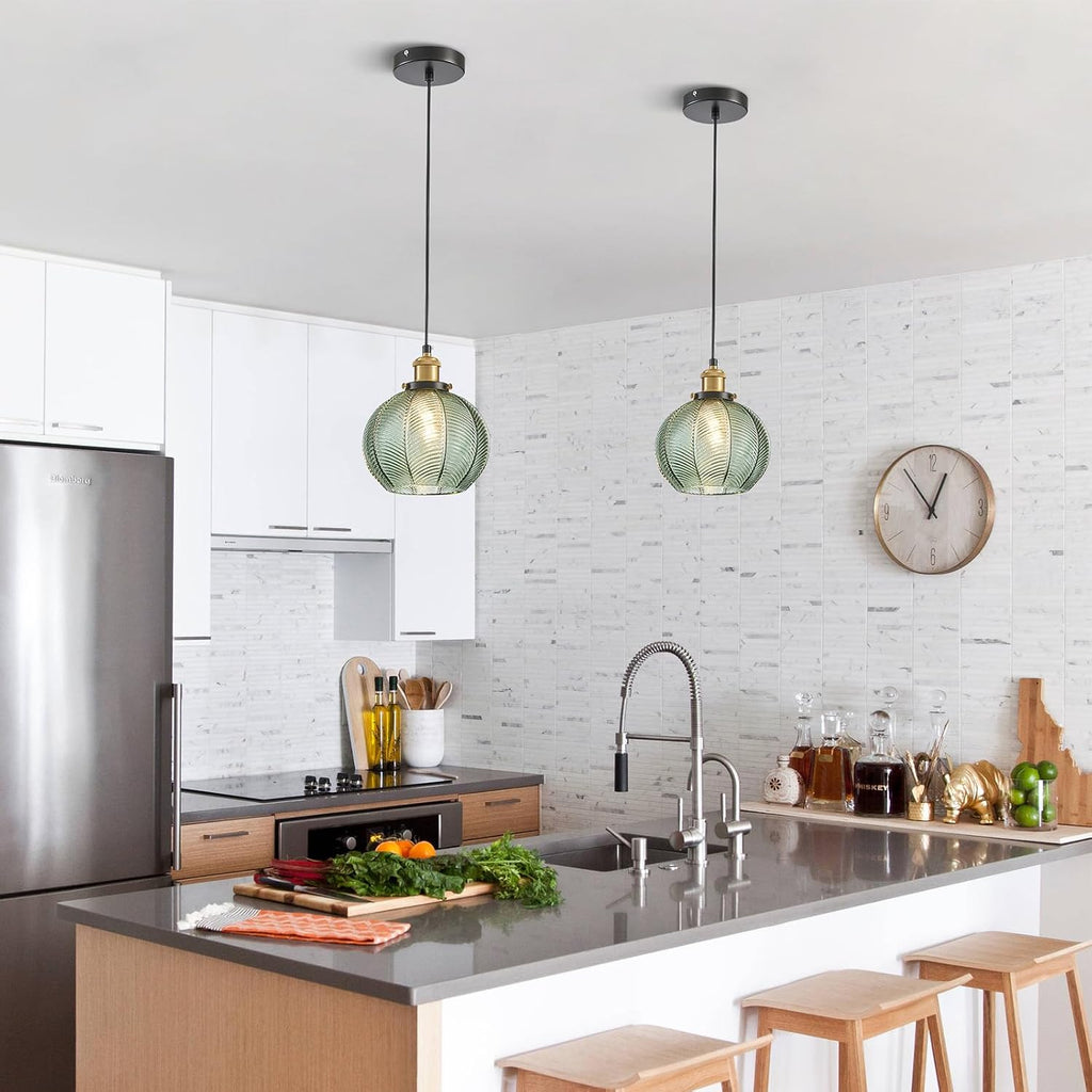 7.8in Vintage Pendant Light 2- Light Kitchen Sink Pendant Lights with Green Hand Blown Glass Small Hanging Lamp for Kitchen Island Dining Room Bedroom Bathroom Hallway E26