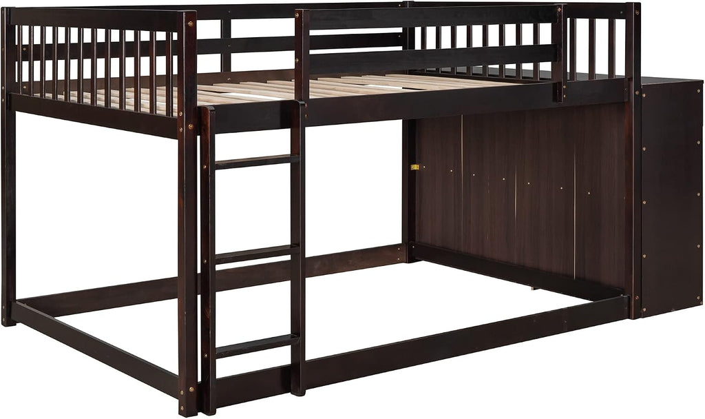 Full-Over-Full Size Bunk Bed, Bedroom Furniture Pine Wood Bed Frame with Storage Drawers and Open Shelves, Drawers and Shelves Set Can Be Moved, for Kids & Teens (Espresso)