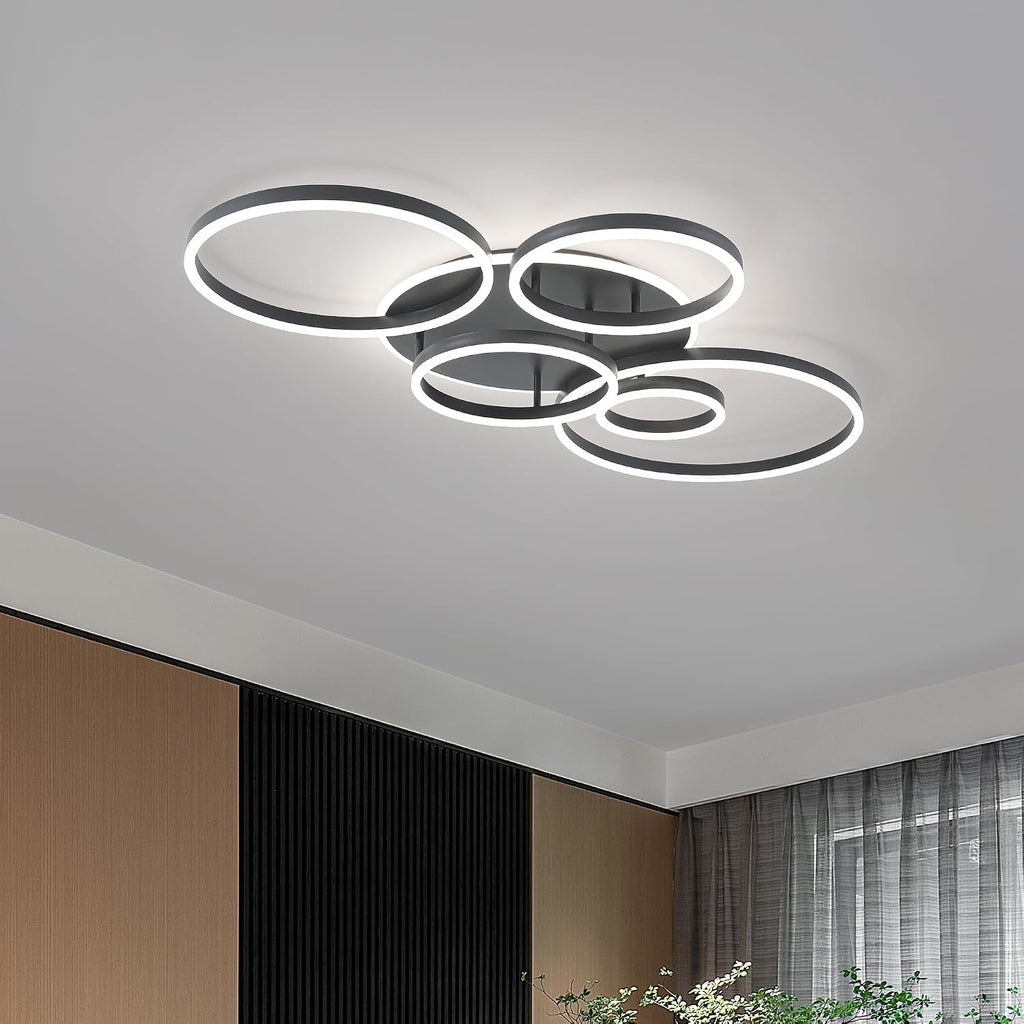 O'NEELDY Black Flush Mount Ceiling Light Dimmable Dining Room Light Fixture Round 6 Rings Modern LED Ceiling Light with Remote Control 47' Kitchen Lighting Fixture Ceiling Lamp for Living Room,Bedroom