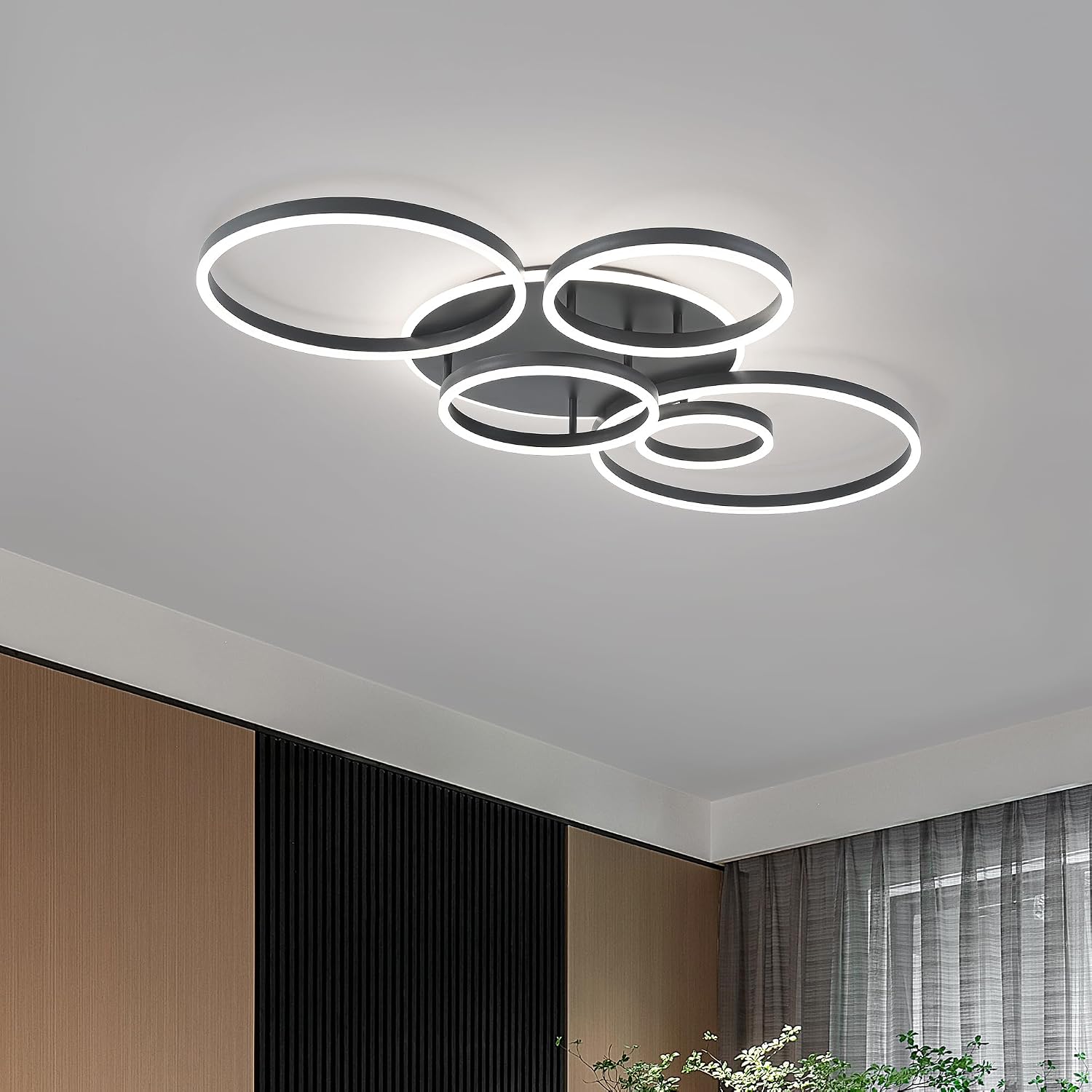 O'NEELDY Black Flush Mount Ceiling Light Dimmable Dining Room Light Fixture Round 6 Rings Modern LED Ceiling Light with Remote Control 47' Kitchen Lighting Fixture Ceiling Lamp for Living Room,Bedroom