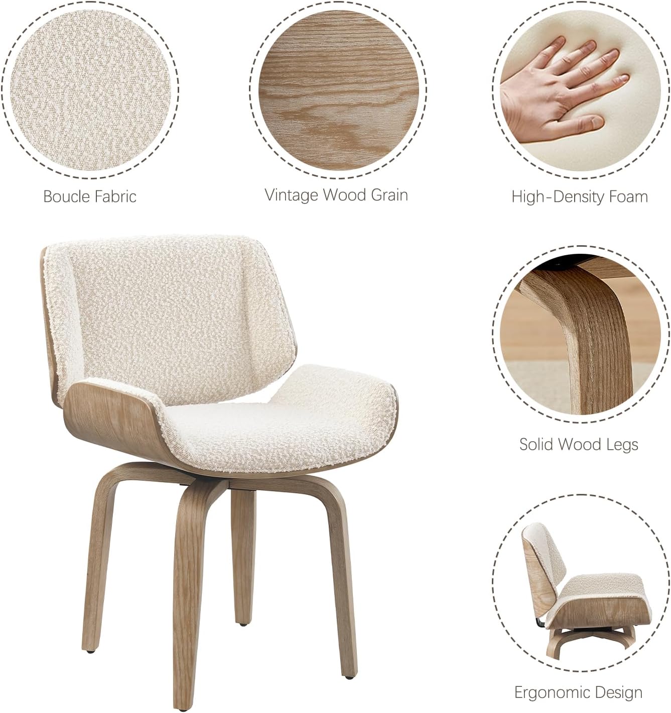 Zouron Swivel Dining Chair, Fabric Upholstered Dining Room Chair with Wood Legs, Mid Century Modern Armless Side Chair for Small Space Living Room Bedroom, 1 Pcs, Boucle Off White