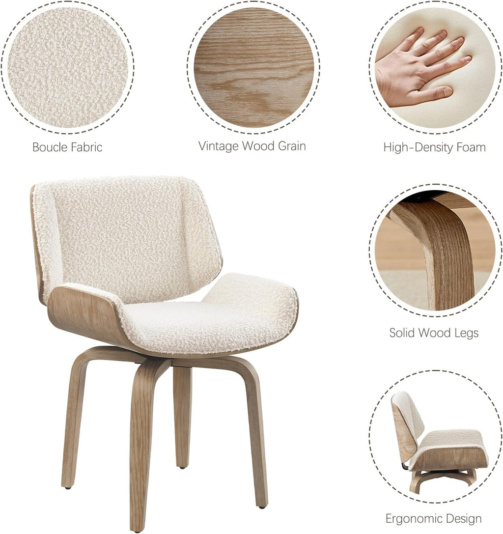Zouron Swivel Dining Chair, Fabric Upholstered Dining Room Chair with Wood Legs, Mid Century Modern Accent Side Chair for Small Space Living Room Bedroom, Set of 2, Boucle Off White