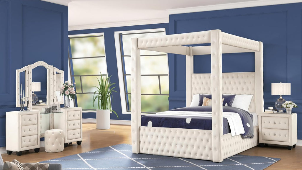 Luxurious Four Poster Full 4 Pc Vanity Bedroom Set Made with Wood in Cream
