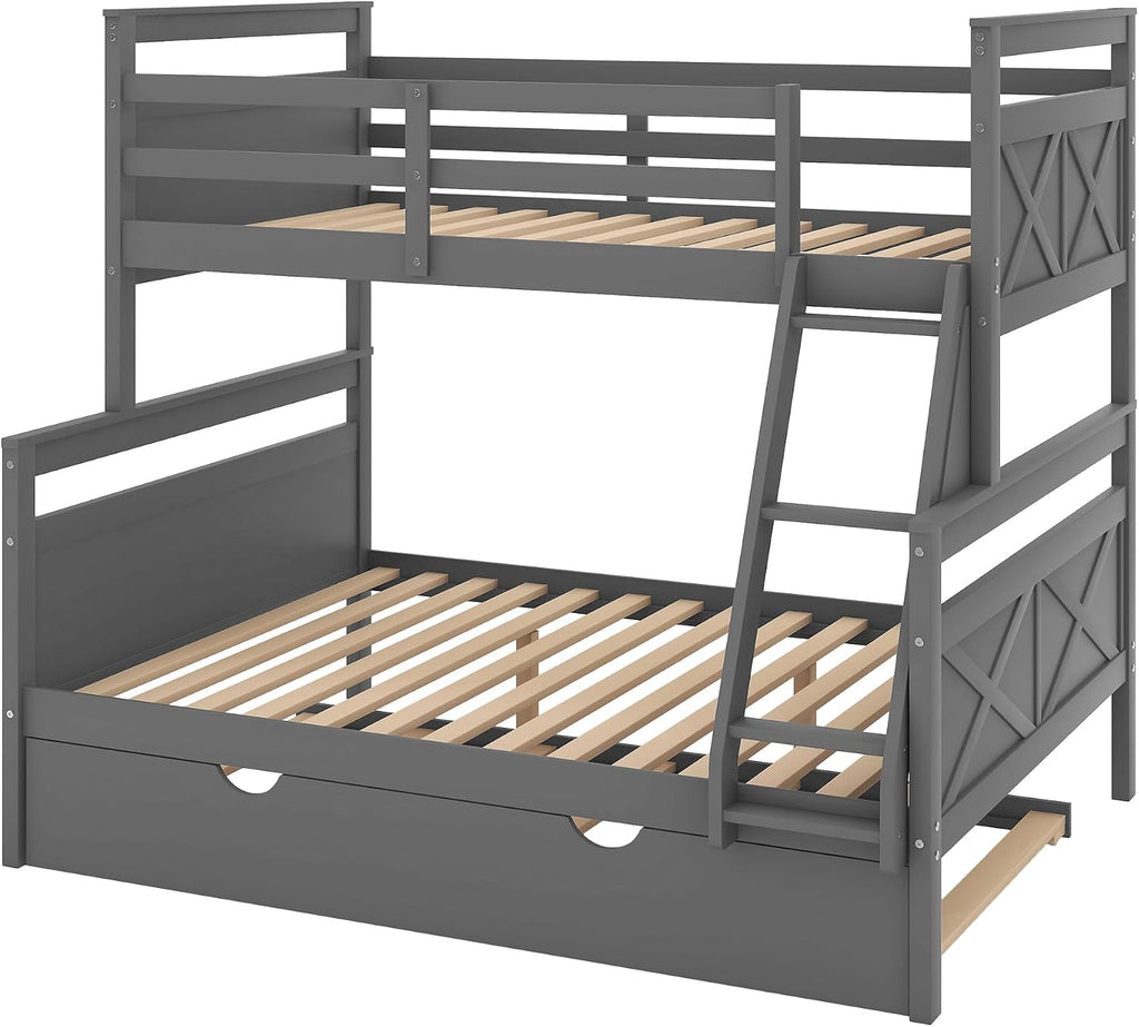 Twin Over Full Bunk Bed with Inclined Ladder and Twin Size Trundle,Bedroom Wood Bed Frame W/Safety Full-Length Guardrail & No Box Spring Required,for Girl Boy Kid,Gray