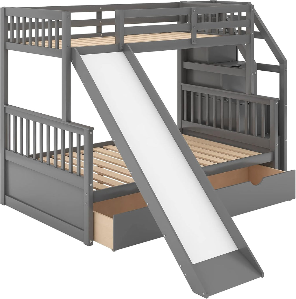Twin Over Full Size Bunk Bed with Drawers and Slide, Bed Room Solid Wood Storage Bed Frame W/Ladder can be Interchanged Left and Right,for Kids Teens Boys Girls,Gray