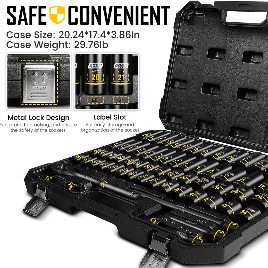BOEN 1/2' Drive Impact Socket Set, 65-Piece Standard SAE (3/8' to 1-1/4') & Metric (10mm-24mm) Deep & Shallow Socket with Embossed Painted Marking, Includes Adapters, Ratchet Wrench, Extension Bars
