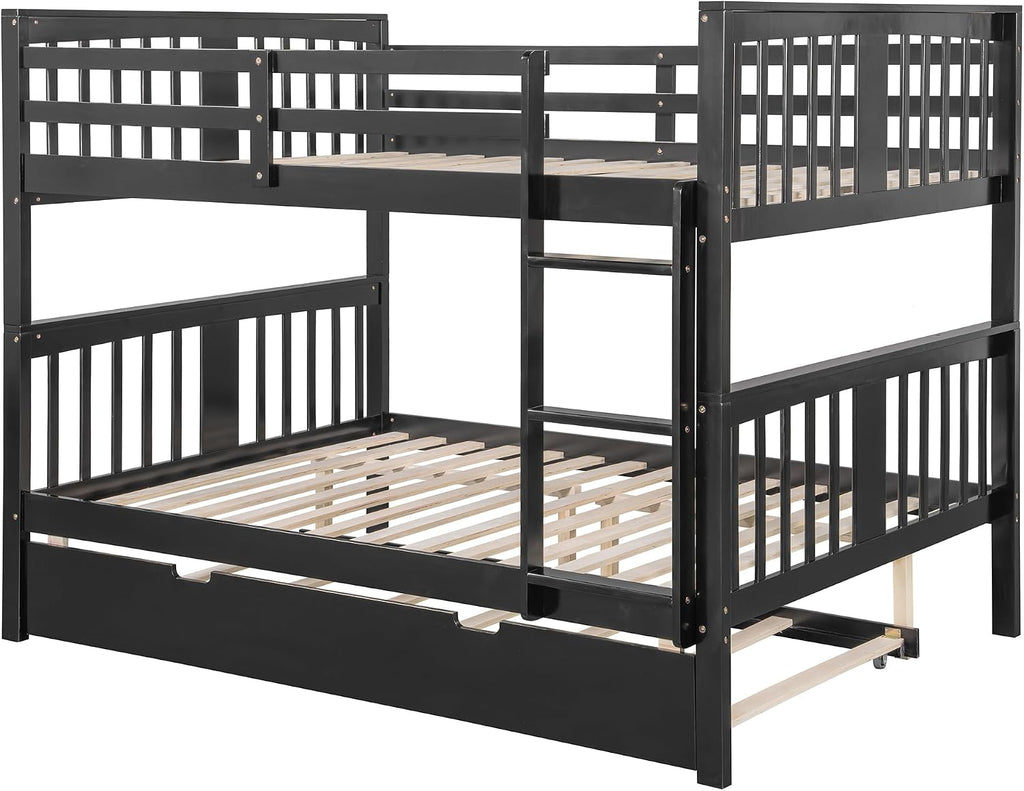 Harper & Bright Designs Full Over Full Bunk Bed with Trundle, Solid Wood Bunk Bed Frame with Ladders, Bedroom Furniture, Espresso