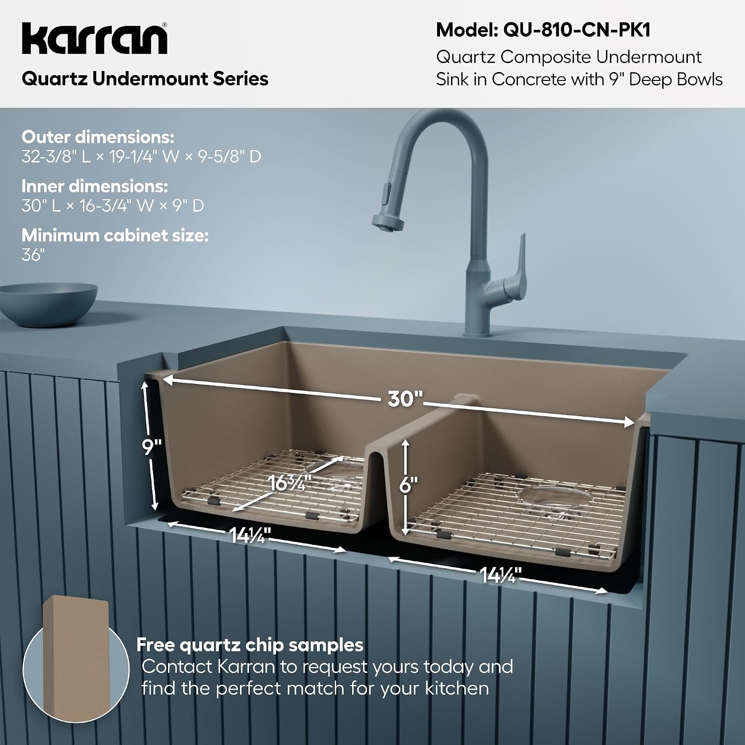 Karran QU-810 32' Undermount Double Equal Bowl Quartz Kitchen Sink Kit in Concrete