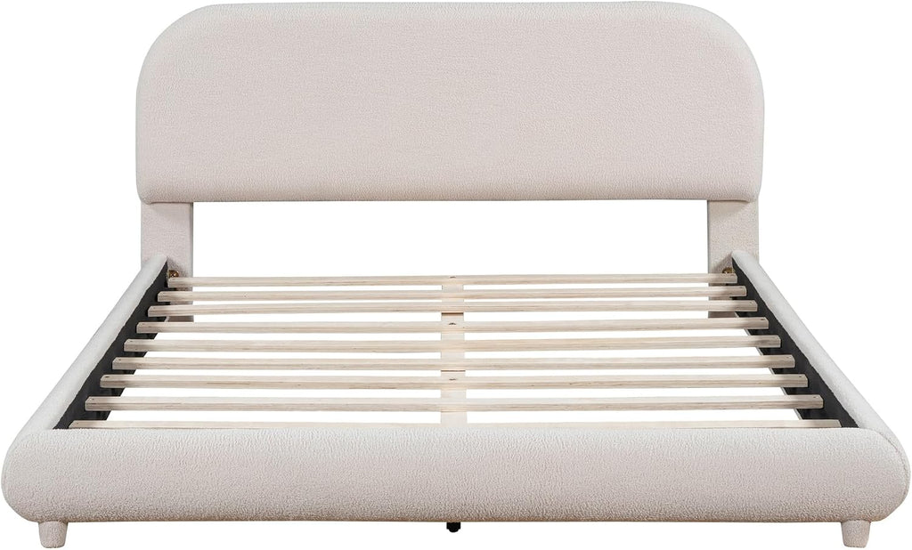 Curve-Shaped Upholstered Platform Bed With Curved Headboard, Queen Size Wood Frame for Kids Adults Bedroom Furniture, Teddy Fleece Thick Fabric Grounded (Beige)