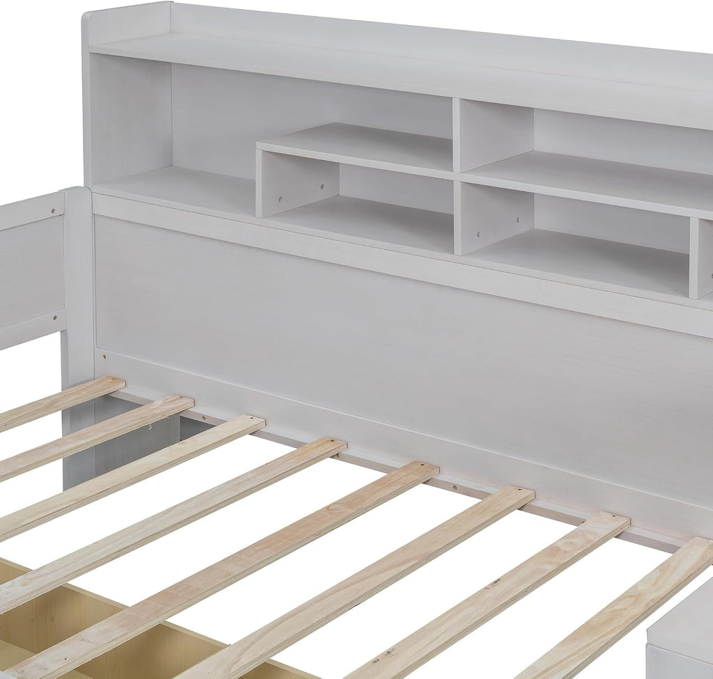 RuiSiSi Twin Size Daybed with Storage Drawers and Bookcase, Wood Daybed with Desk and Storage Headboard, Twin Corner Bed with Storage Shelves Drawers for Kids Teens Adults Bedroom, Antique White
