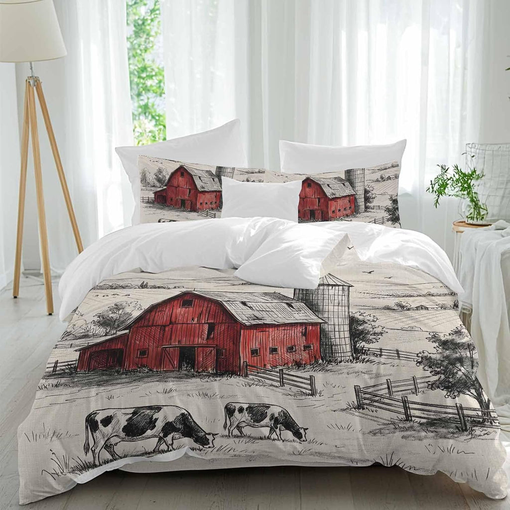 Farmhouse Duvet Cover Set Queen Size 4 Pieces Pastoral Landscape Watercolor Barn Farm Dairy Cow Retro Bedding Set with Zipper Closure, 1 Comforter Cover 92x106 Inches 1 Flat Sheet & 2 Pillow Cases