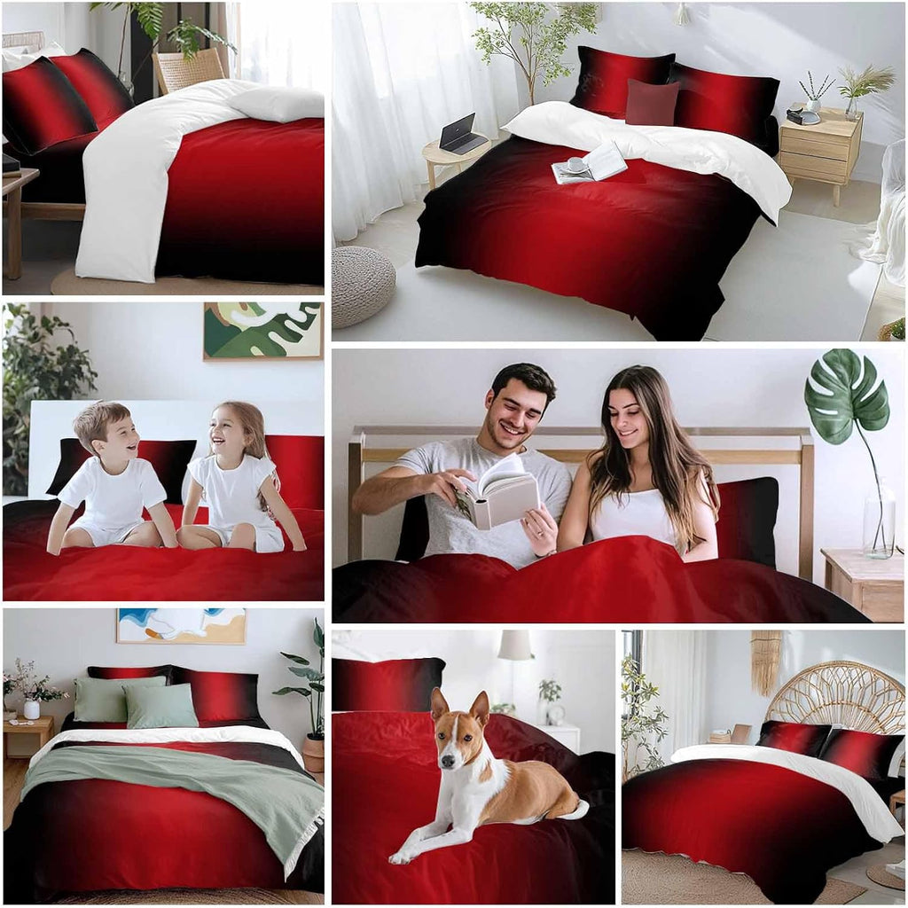 Gradient Red Black Duvet Cover Set Queen Size 4 Pieces Modern Abstract Minimalist Red Ocean Beach Bedding Set with Zipper Closure, 1 Comforter Cover 92x106 Inches 1 Flat Sheet & 2 Pillow Cases