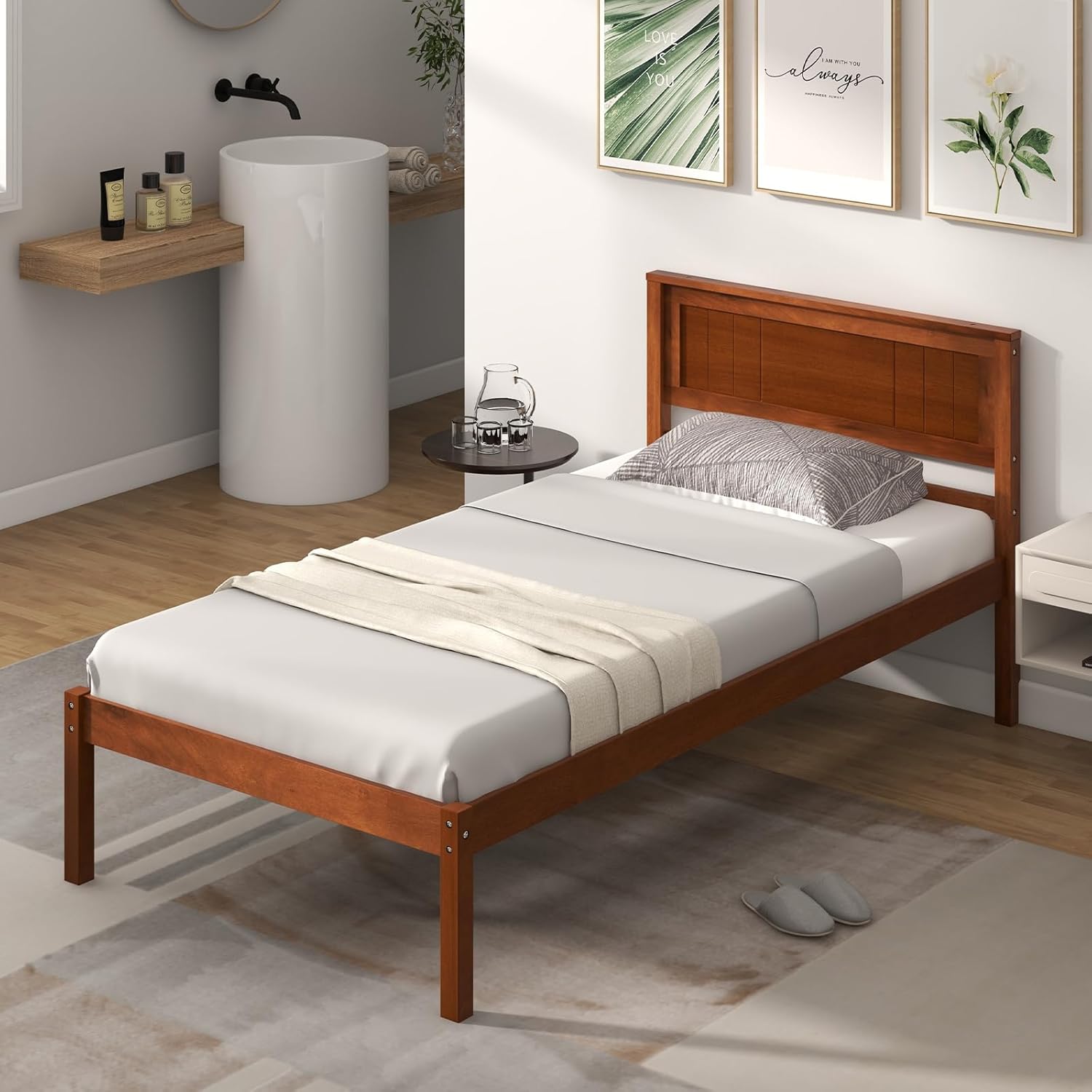 Giantex Twin Bed Frames with Headboard, Solid Wood Platform Bed with Wood Slat Support, Single Bed with 16' Under Bed Storage, Twin Bed Frames for Kids Adults Guests, Easy Assembly, Walnut