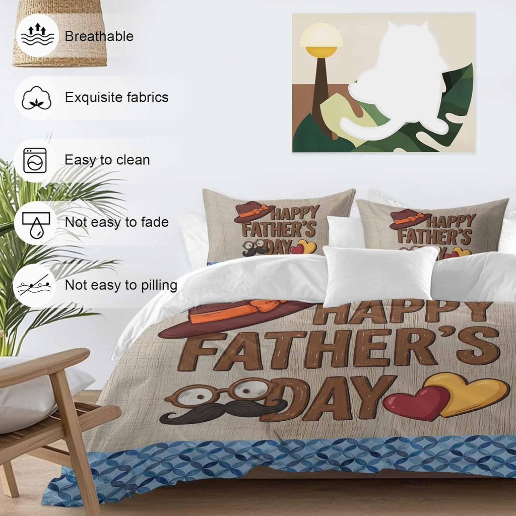 Prime Leader Father's Day Duvet Cover Set Queen Size 4 Pieces Wood Grain Retro Love Heart Hat Brown Blue Bedding Set with Zipper Closure, 1 Comforter Cover 92x106 Inches 1 Flat Sheet & 2 Pillow Cases