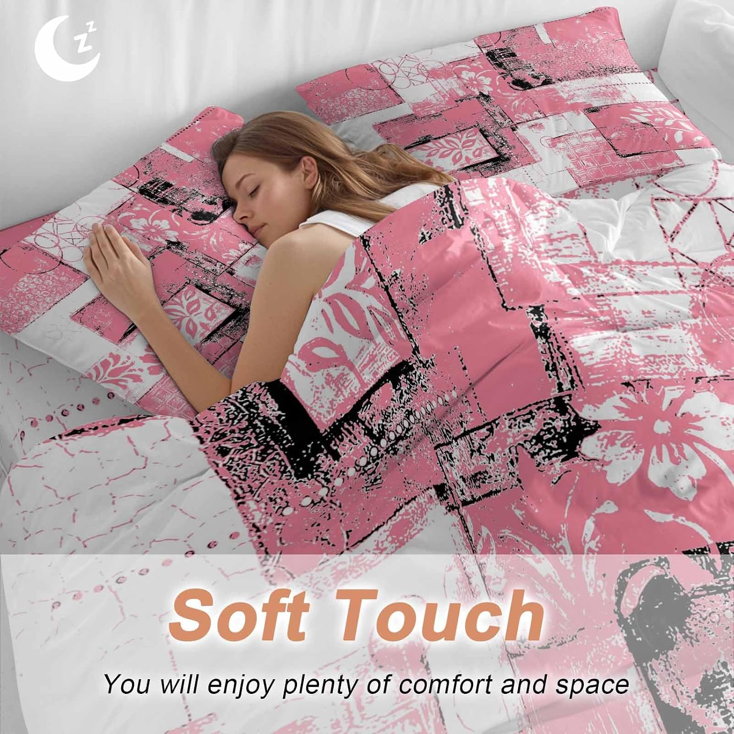 Modern Boho Duvet Cover Set Queen Size 4 Pieces Flower Geometric Texture Pink White Abstract Art Bedding Set with Zipper Closure, 1 Comforter Cover 92x106 Inches 1 Flat Sheet & 2 Pillow Cases