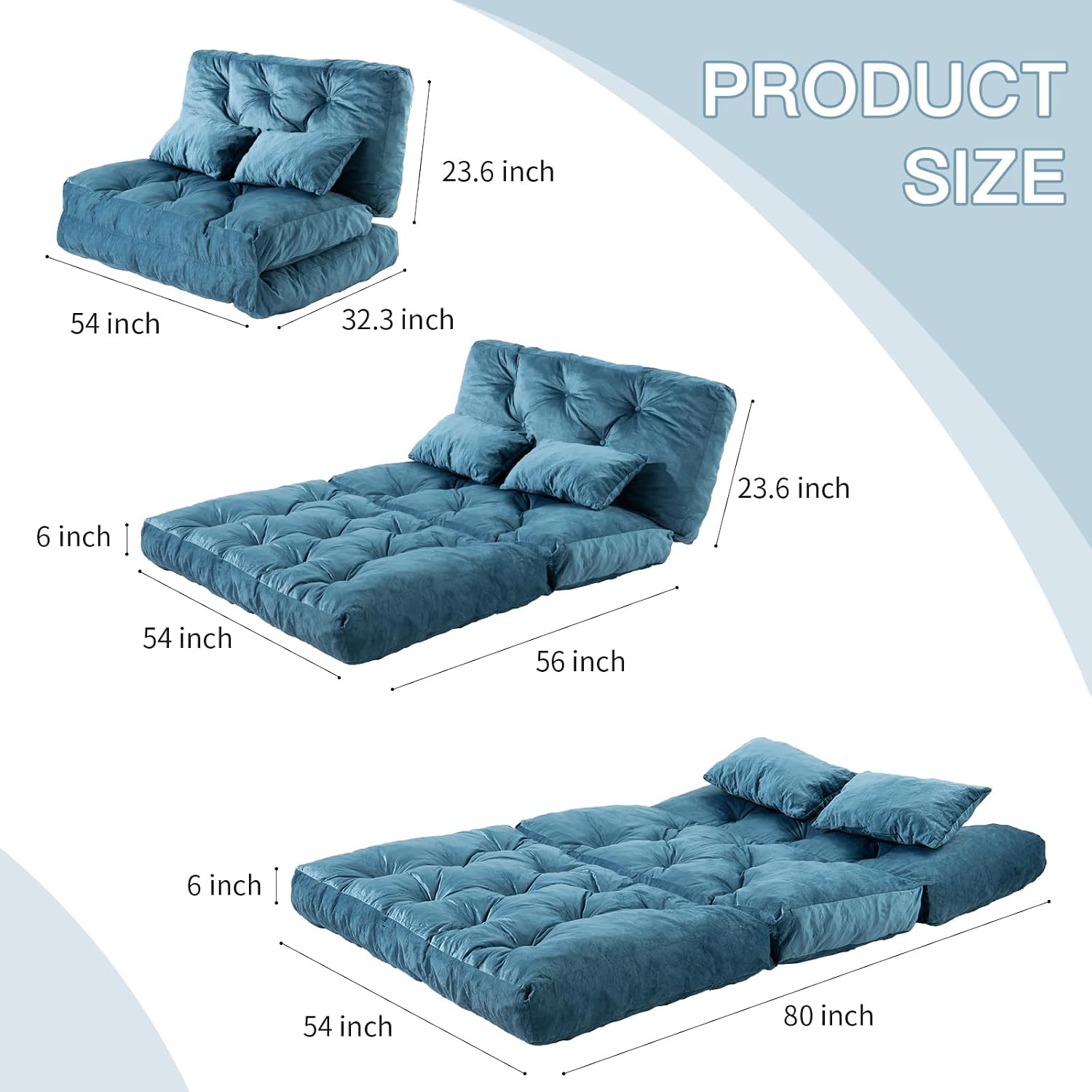 Folding Sofa Bed, Convertible Sleeper Chair with Pillow Foldable Mattress with Back Support, Portable Fold Out Chair Bed Comfy Floor Sofa Lounge for Living Room Bedroom, Blue Full 80x54 Inch