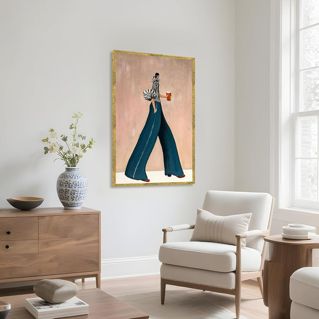 Large Gold Framed Modern Fashion Abstract Wall Art Chic Long-Leg Silhouette Female Canvas Poster Bold Figurative Woman Painting Feminine Prints Artwork Girl Pictures for Home Decor 24x36inch