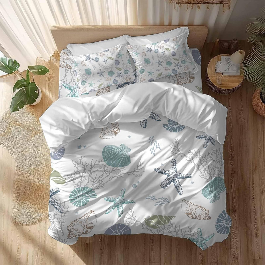 Prime Leader Summer Beach Duvet Cover Set Queen Size 4 Pieces Nautical Starfish Coral Shell Teal Ocean Bedding Set with Zipper Closure, 1 Comforter Cover 92x106 Inches 1 Flat Sheet & 2 Pillow Cases