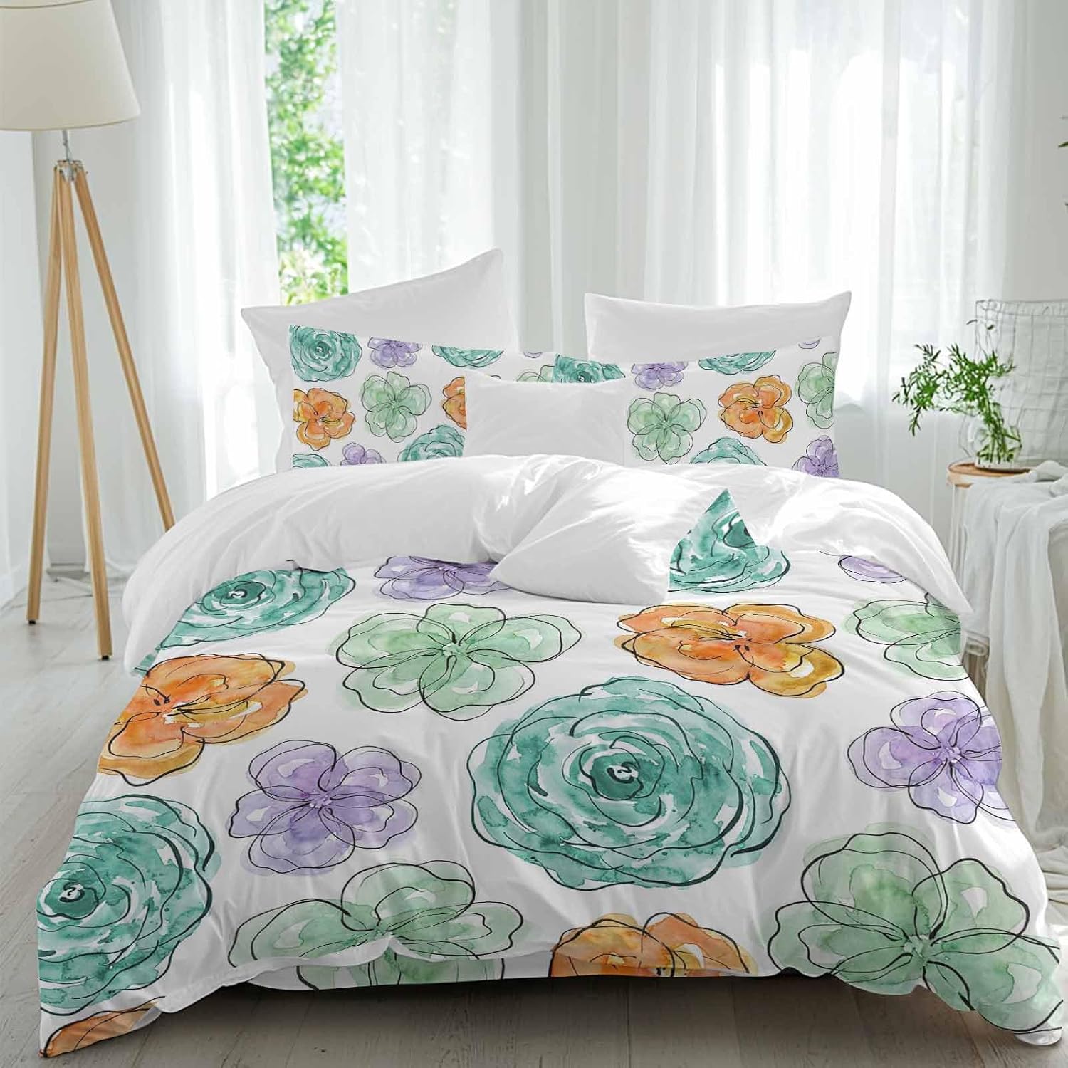 Abstraction Art Duvet Cover Set Queen Size 4 Pieces Watercolors Flowers Minimalist Lines Modern Bedding Set with Zipper Closure, 1 Comforter Cover 86x86 Inches 1 Flat Sheet & 2 Pillow Cases