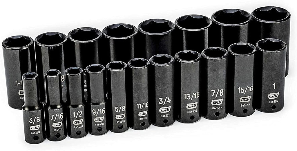 GEARWRENCH 19 Piece 1/2 Inch Drive 6 Point Impact Socket Set, Deep, SAE - 84934N