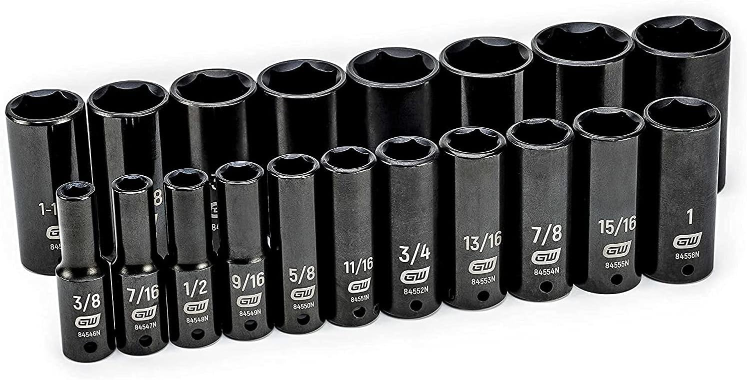 GEARWRENCH 19 Piece 1/2 Inch Drive 6 Point Impact Socket Set, Deep, SAE - 84934N