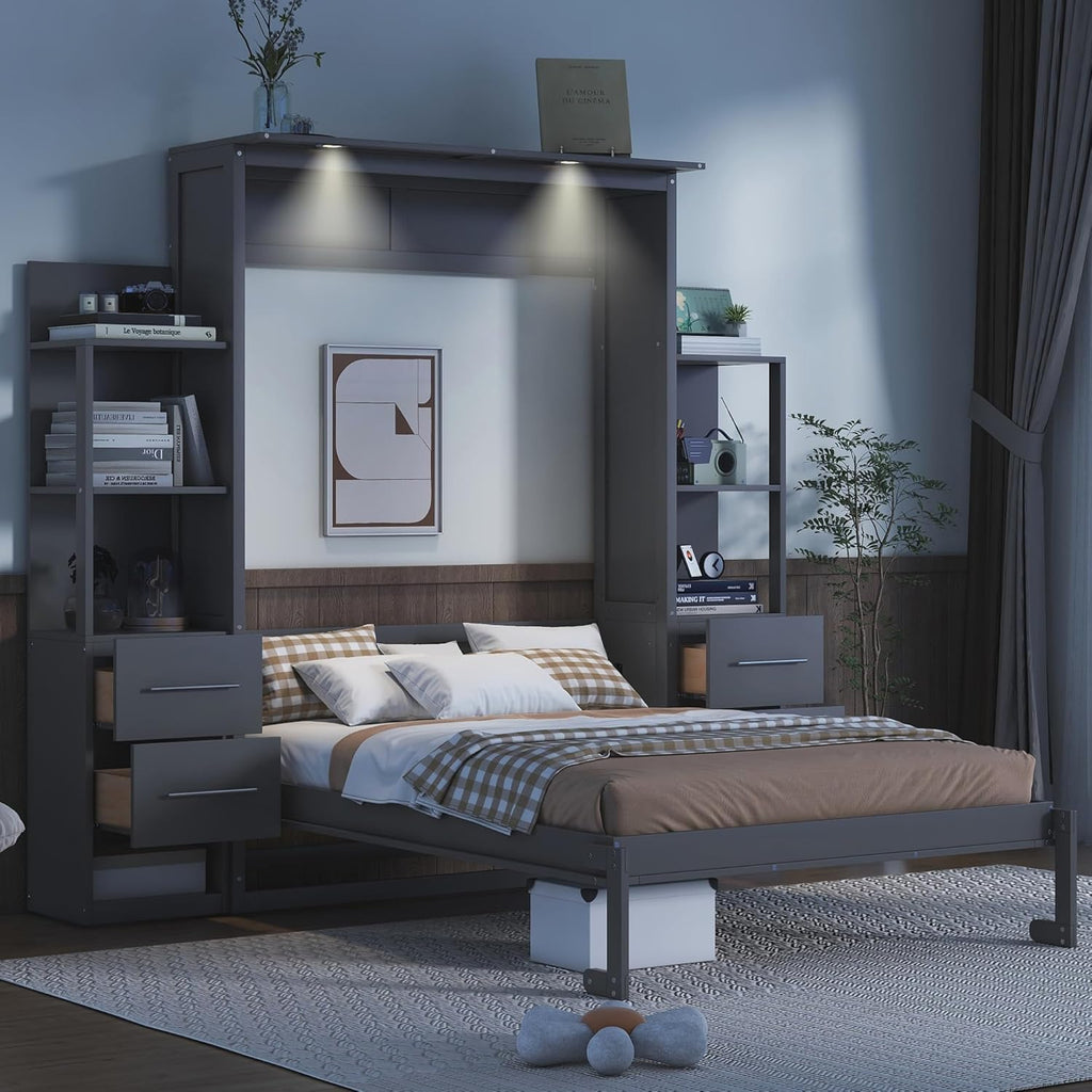 MERITLINE Queen Murphy Bed with Storage Shelves,Bookcase,Drawers & LED Lights,Wood Murphy Wall Bed Cabinet for Adults