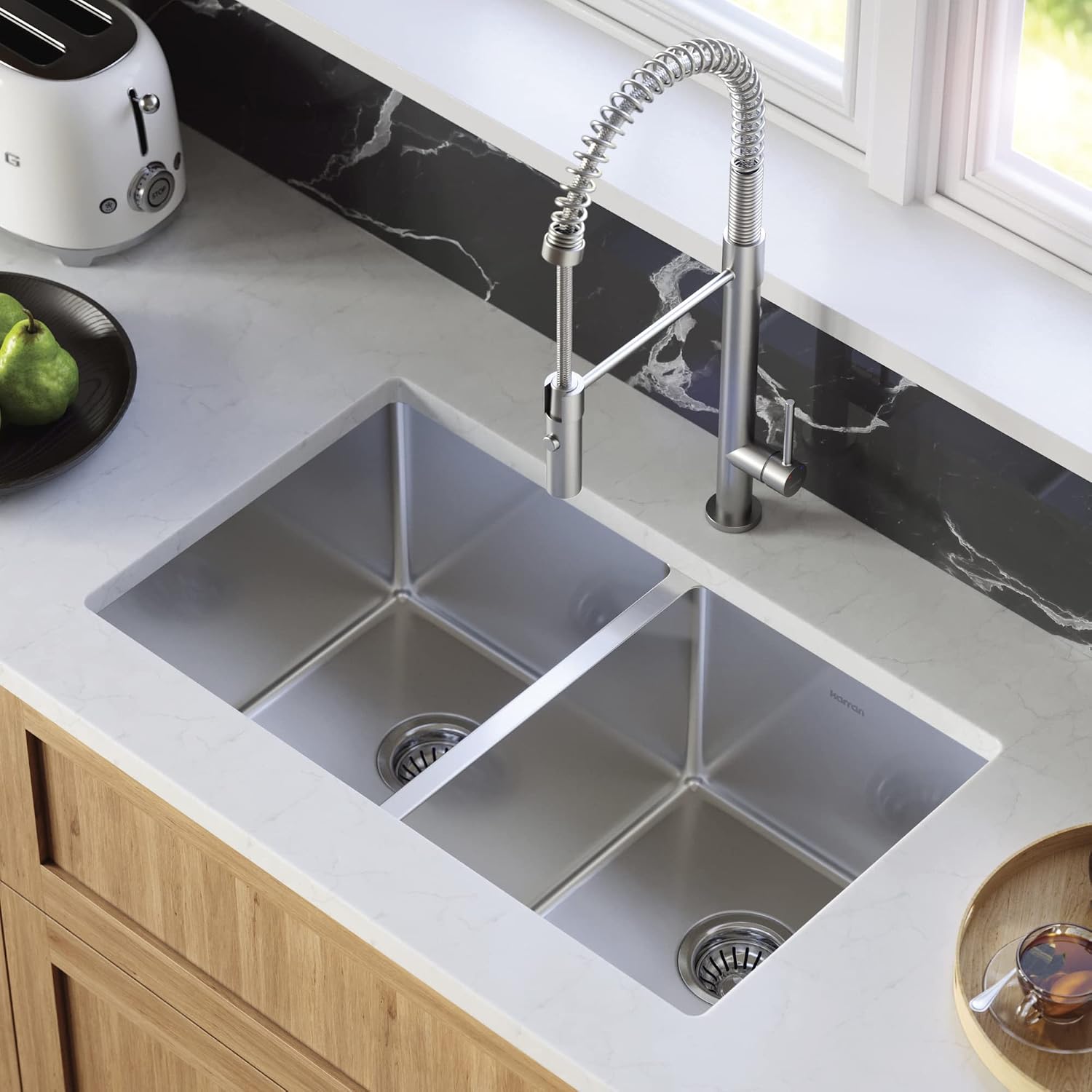 Karran 30' Undermount Double Bowl Kitchen Sink, 16-Gauge T304 Stainless Steel, 50/50 Equal Bowl, Brushed Satin Finish, Noise & Scratch Resistant with Grids and Strainers