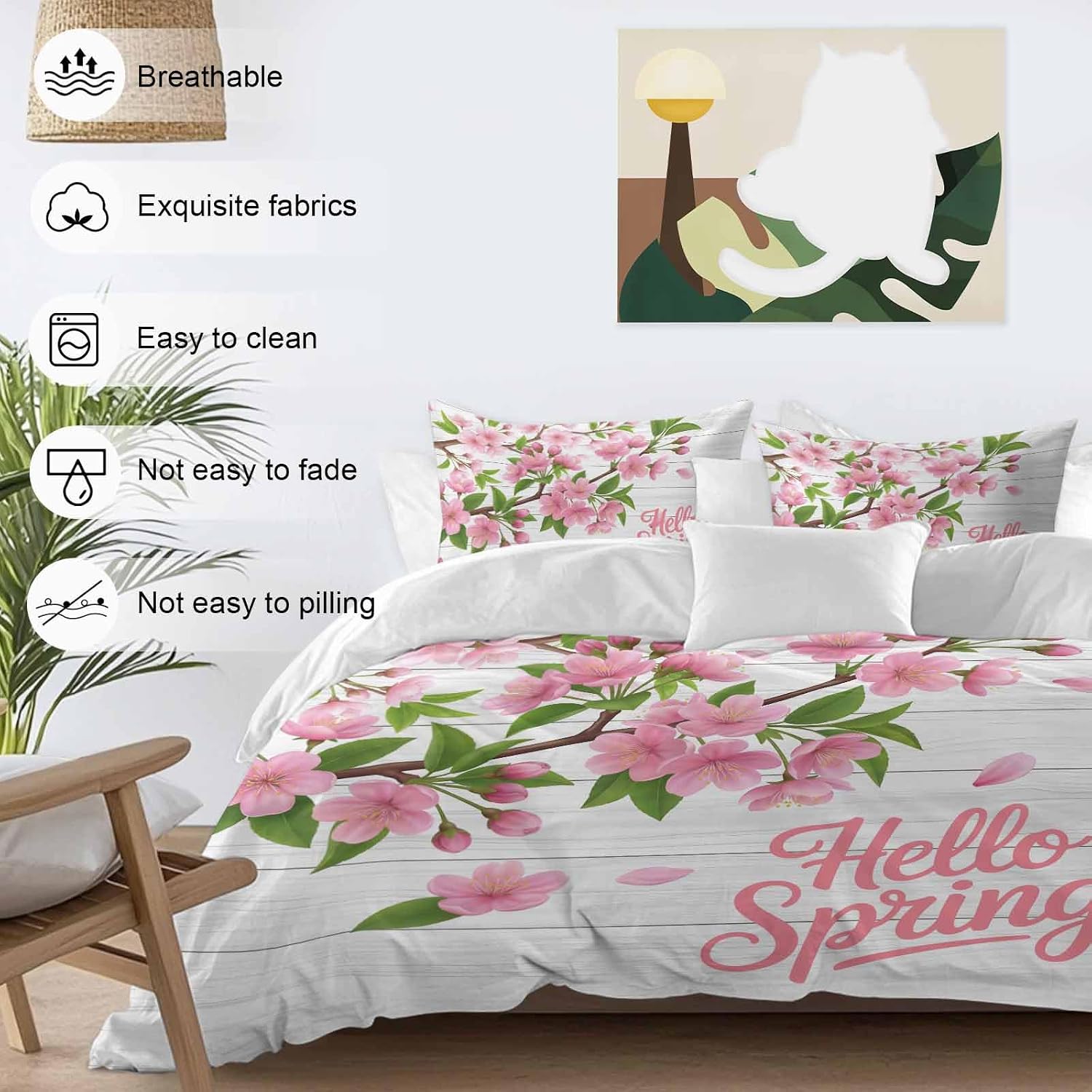 Hello Spring Floral Duvet Cover Set Queen Size 4 Pieces Watercolor Flower Green Leaves Wood Grain Bedding Set with Zipper Closure, 1 Comforter Cover 86x86 Inches 1 Flat Sheet & 2 Pillow Cases
