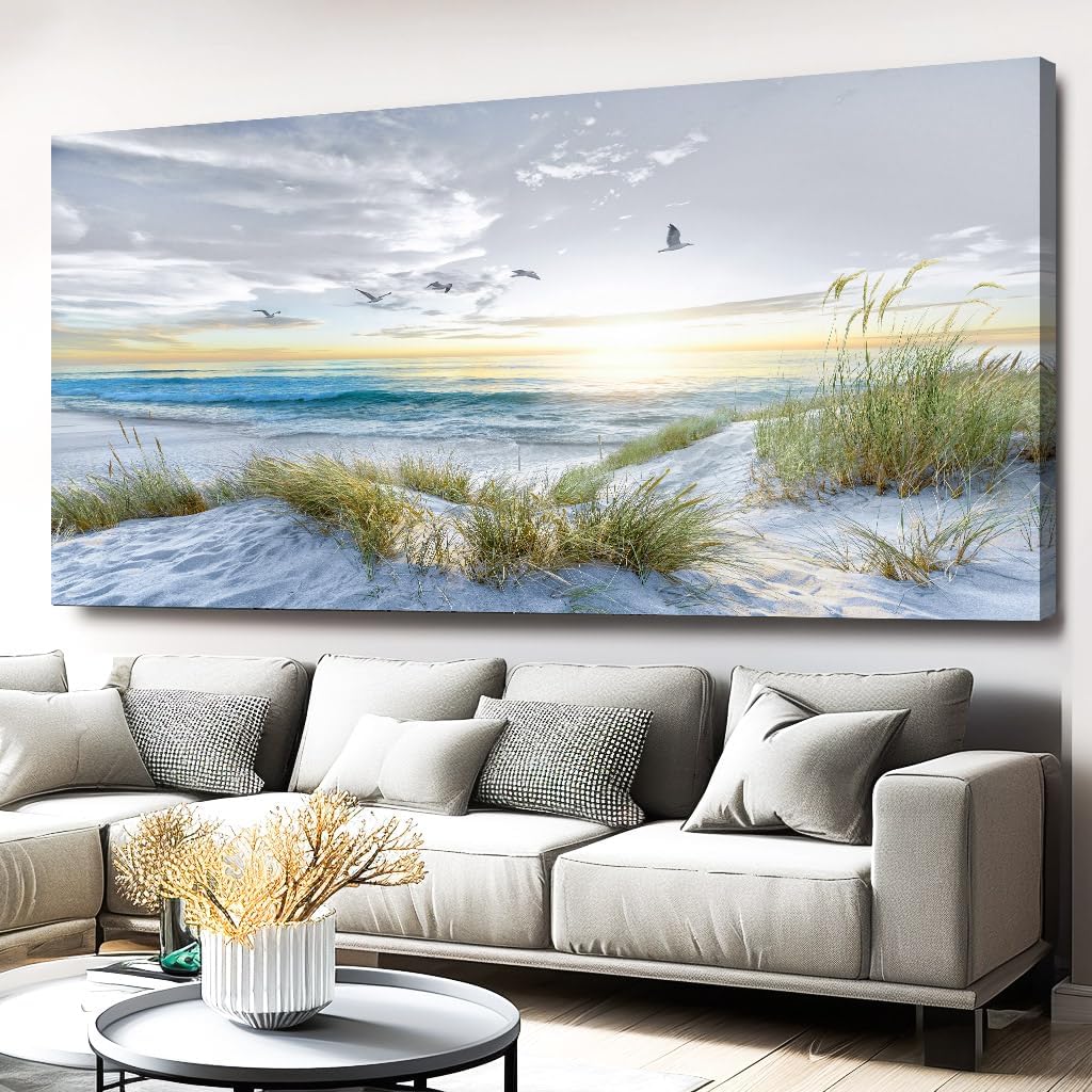 Canvas Prints Wall Art Beach Sunrise Ocean Waves Beach Grass Nature Pictures Stretched Canvas for living Room Bedroom and Office Home Decor 71'x36' with Framed