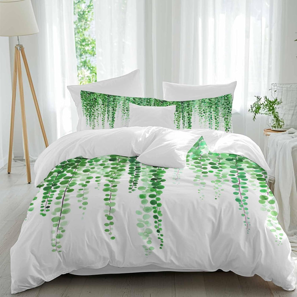 Prime Leader Green Eucalyptus Leaves Duvet Cover Set Queen Size 4 Pieces Summer Watercolor Plants Bedding Set with Zipper Closure, 1 Comforter Cover 92x106 Inches 1 Flat Sheet & 2 Pillow Cases