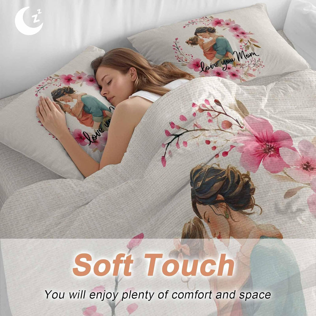 Mother's Day Duvet Cover Set Queen Size 4 Pieces Cartoon Characters Pink Flower Vintage Linen Texture Bedding Set with Zipper Closure, 1 Comforter Cover 92x106 Inches 1 Flat Sheet & 2 Pillow Cases