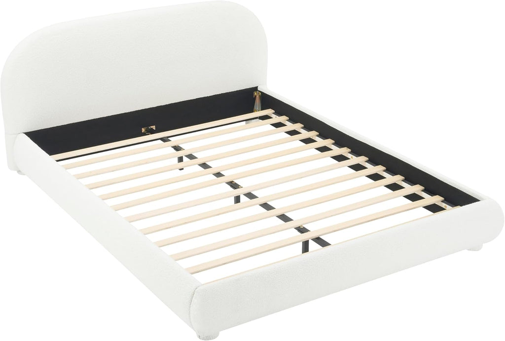 Curve-Shaped Upholstered Platform Bed with Curved Shaped Headboard, Queen Size Wood Bed Frame for Kids Adults Bedroom Furniture, Velvet Thick Fabric Upholstered Bed Grounded Bed (Cream, Queen)