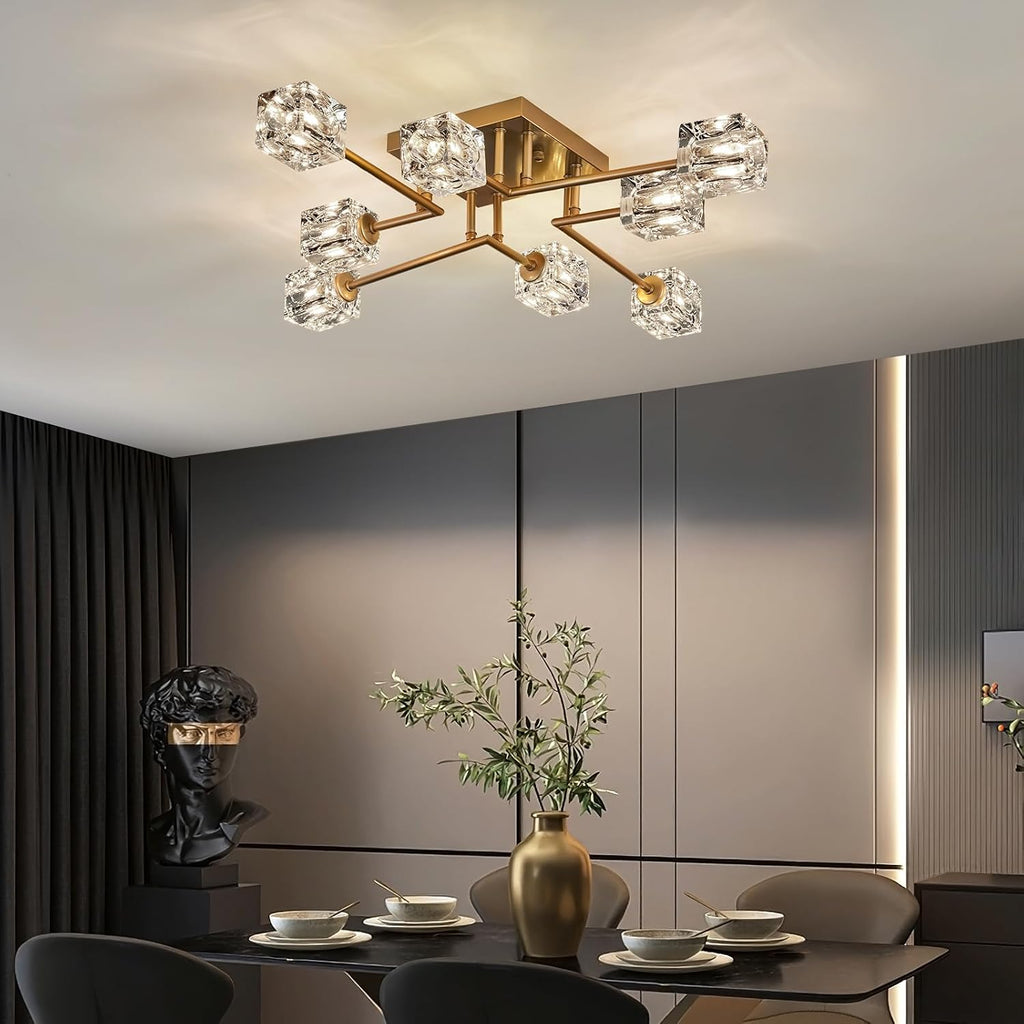 Vintage Gold Semi Flush Mount Ceiling Light 8-Light Glass Sputnik Chandeliers Mid Century Modern Crystal Ceiling Light Fixture for Living Room Dining Room Bedroom Kitchen Foyer
