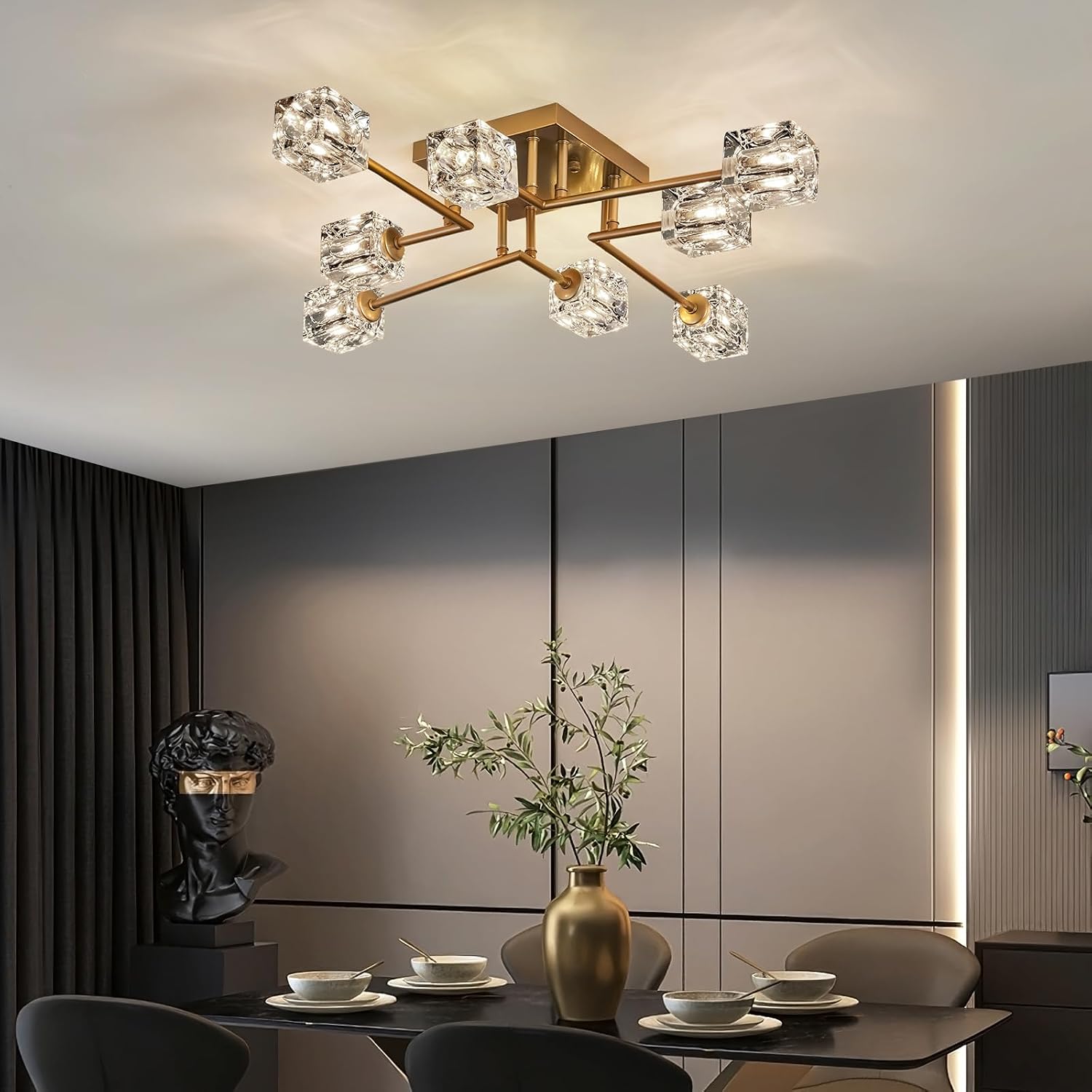Vintage Gold Semi Flush Mount Ceiling Light 8-Light Glass Sputnik Chandeliers Mid Century Modern Crystal Ceiling Light Fixture for Living Room Dining Room Bedroom Kitchen Foyer