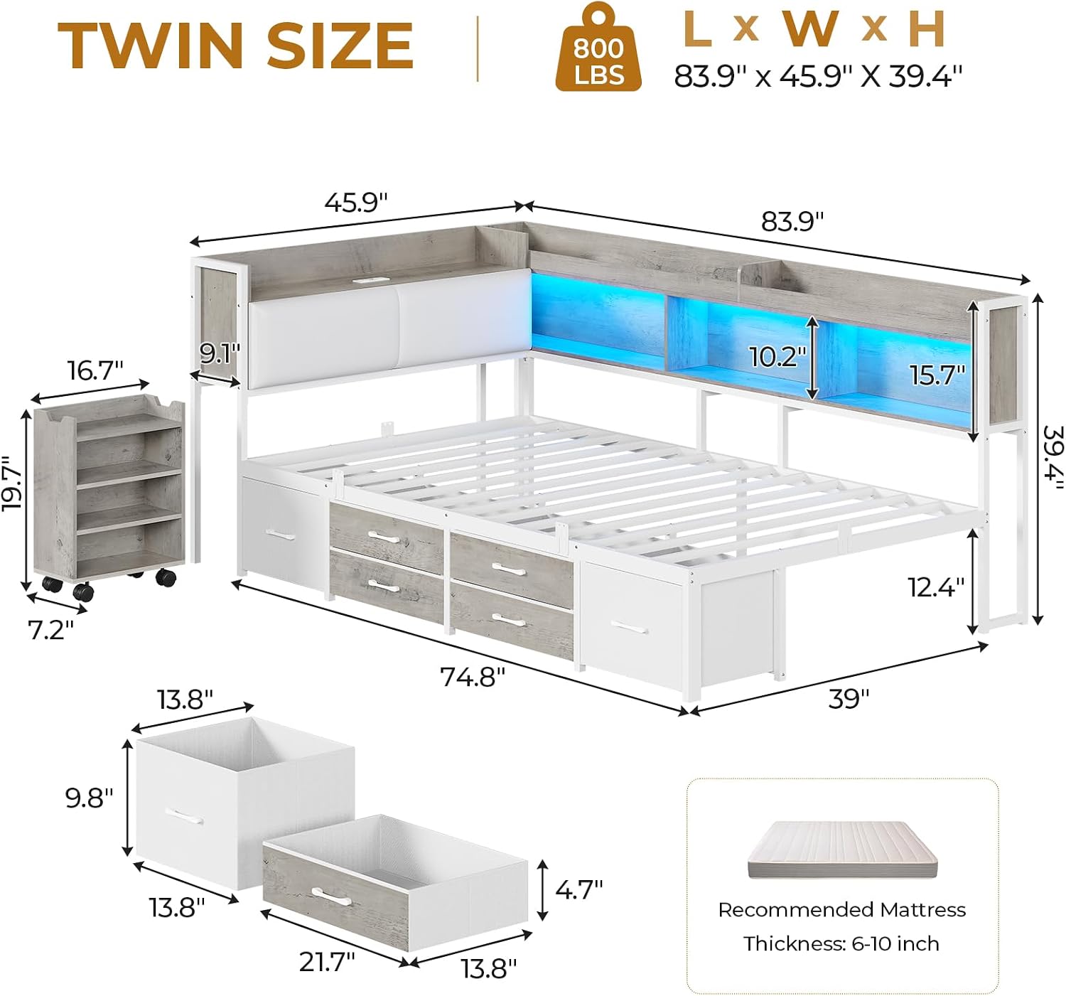 MSmask 14 Inch Corner Bed Frame with Pull-Out Cabinet, Bookcase & Headboad Storage, Twin LED Daybed with 6 Drawers, Charging Station, Twin Size Metal Platform Bed for Kids Teen, White & Oak Grey