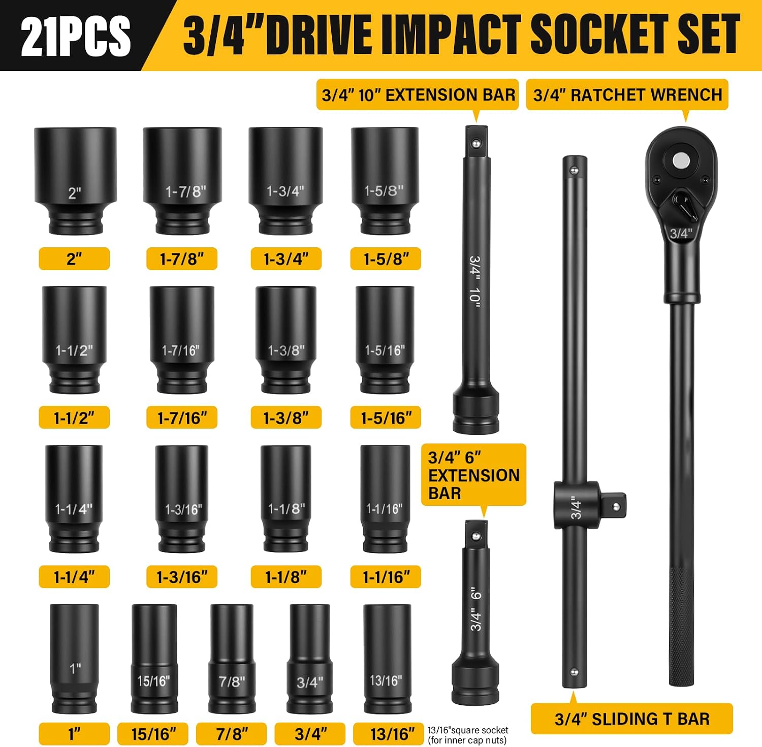 3/4' Drive Impact Socket Set,21-Piece SAE (3/4 to 2 Inch) Sizes with Ratchet handle (24 tooth) Sliding T-head Breaker Bar,Drive Extensions,6-Point,Cr-Mo Alloy Steel,Heavy Duty Storage Case