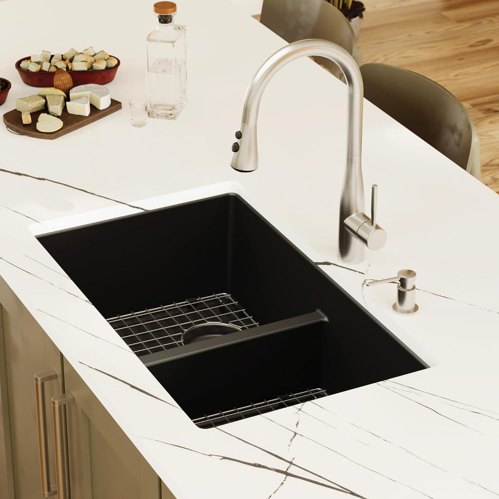 Karran QU-810 32' Undermount Double Bowl Quartz Kitchen Sink Kit, Black Composite, Equal Bowls, Scratch Resistant, Heat Safe, Noise Reducing, Includes Grids & Strainers