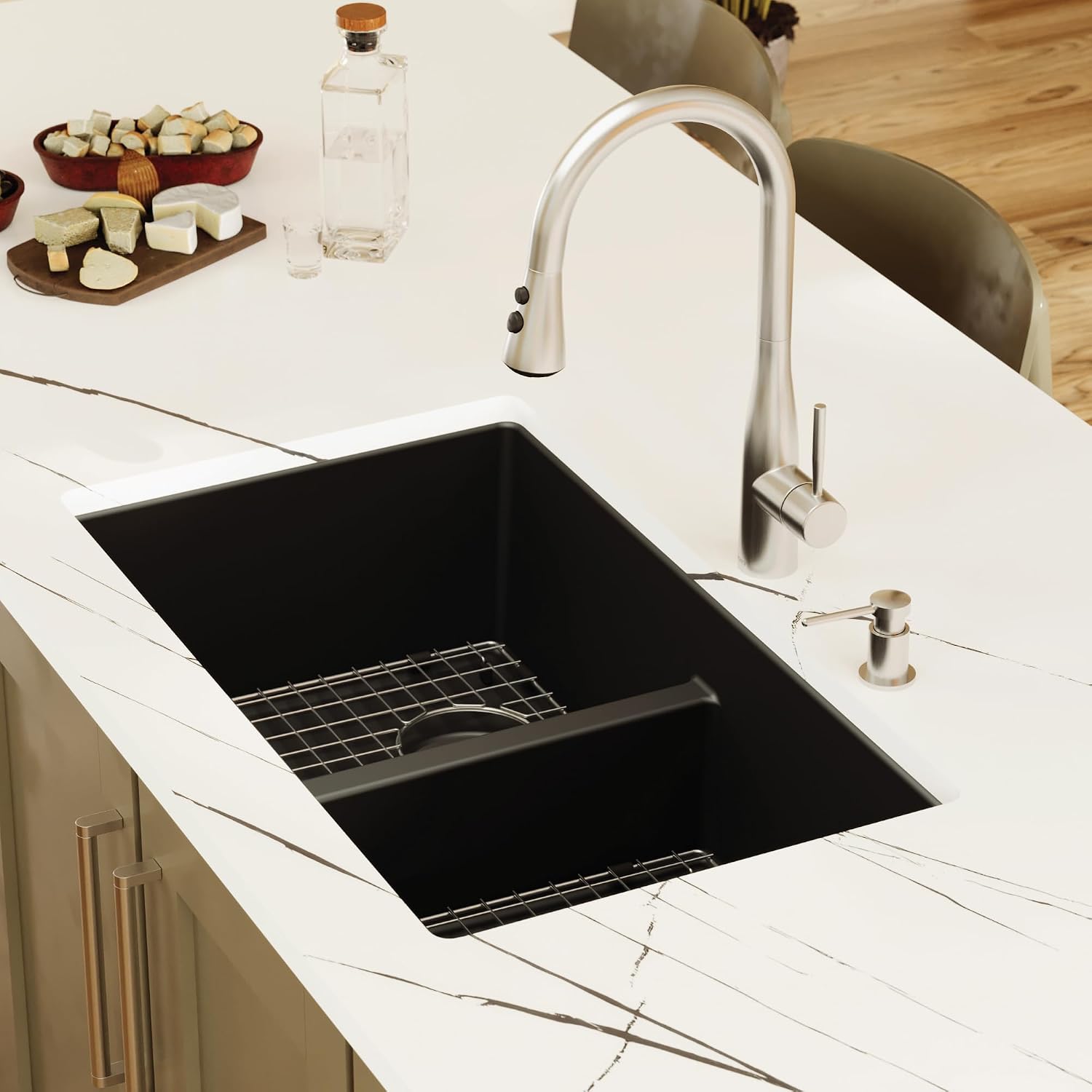 Karran QU-810 32' Undermount Double Bowl Quartz Kitchen Sink Kit, Black Composite, Equal Bowls, Scratch Resistant, Heat Safe, Noise Reducing, Includes Grids & Strainers