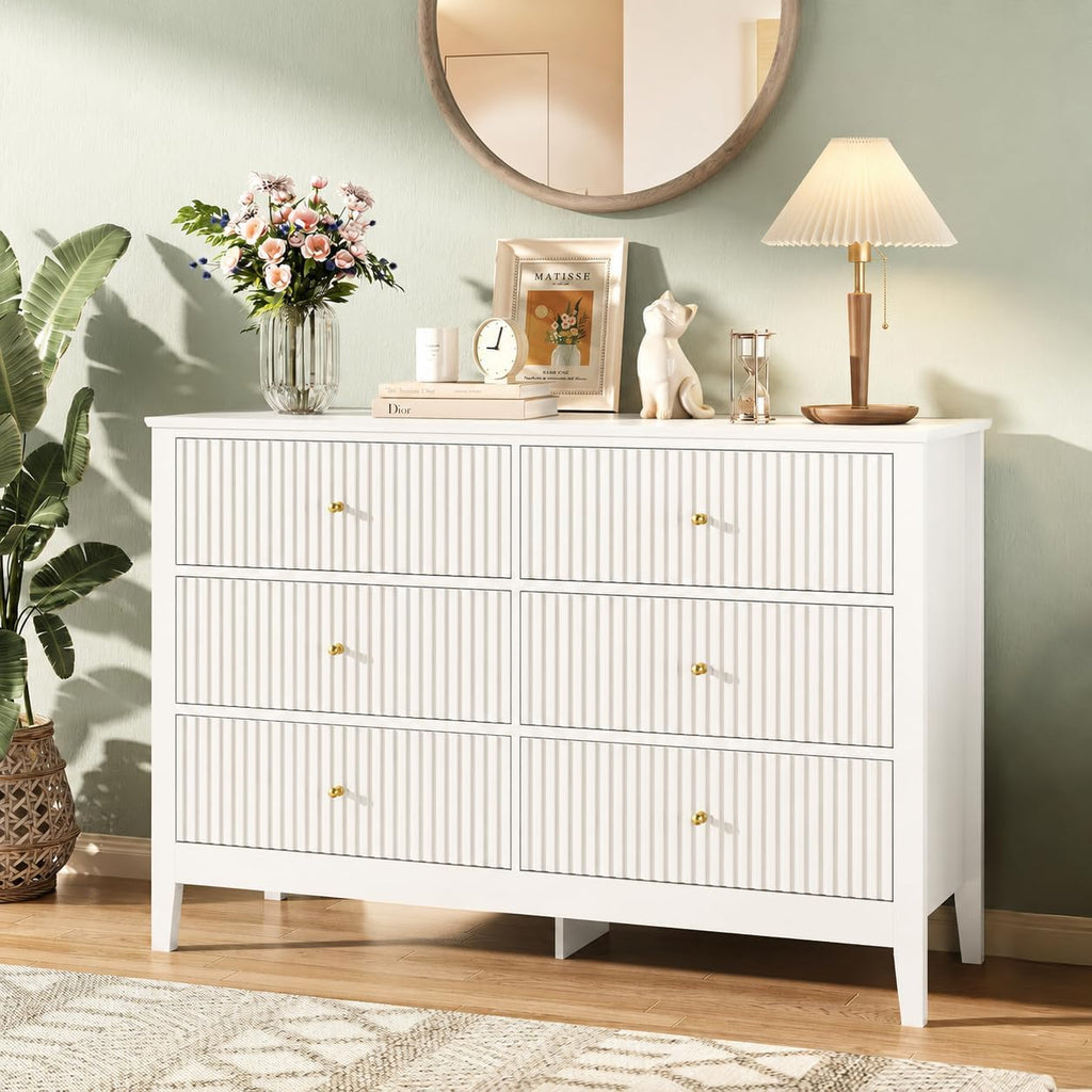 White Dresser for Bedroom, 6 Drawers Fluted Chest of Drawers with Storage, Modern 47'' Wide Dresser with Paint Design, Wood Drawer Organizer Dressers for Entryway, Hallway