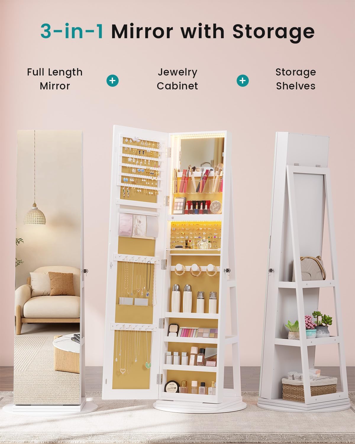 Vlsrka LED Mirror Jewelry Cabinet, Lockable Jewelry Armoire Cabinet Standing, Rotatable Full Length Mirror with Storage, Interior Mirror, Foldable Makeup Shelf, Beige Lining, White