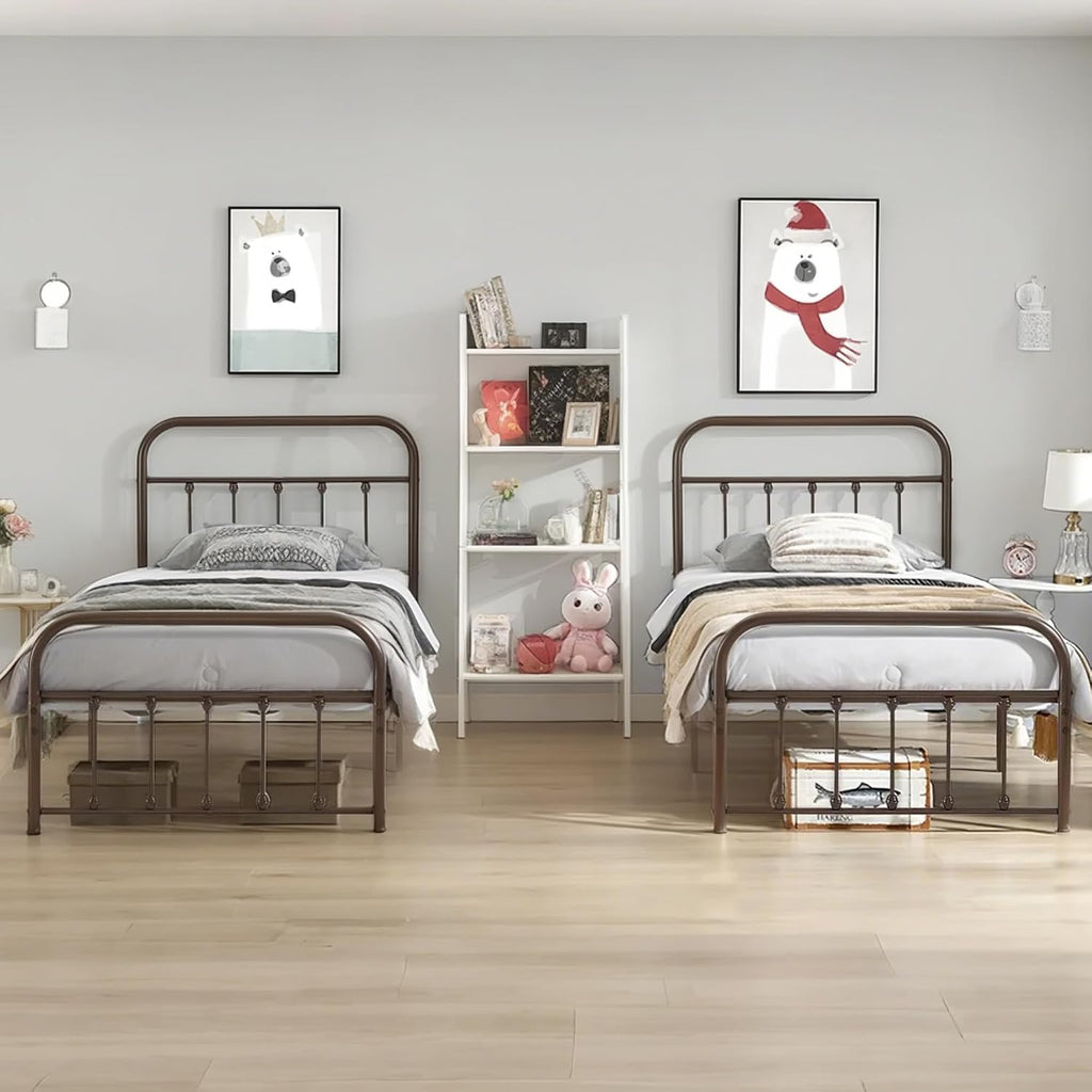 VECELO Twin Size Victorian Style Metal Bed Frame with Headboard Classic Metal Platform Bed Frame Mattress Foundation with Footboard/Under Bed Storage/No Box Spring Aple 2 Set
