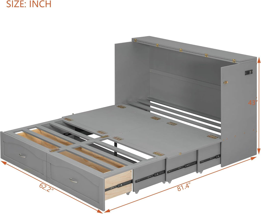 Queen Size Murphy Bed Wall Bed with Storage Drawer and a Set of Sockets & USB Ports, Space-Saving for Multipurpose Guest Room or Home Office, Gray