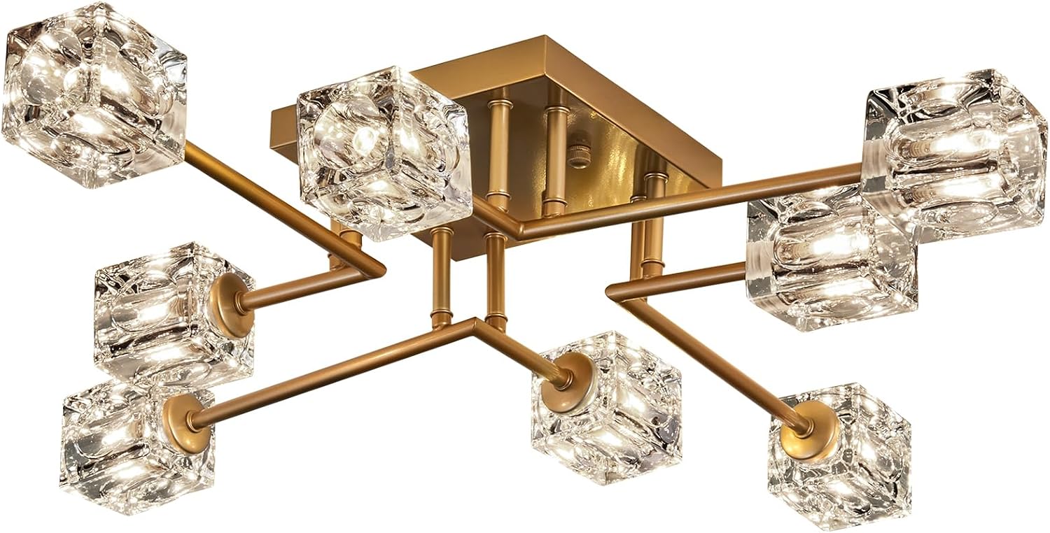 Vintage Gold Semi Flush Mount Ceiling Light 8-Light Glass Sputnik Chandeliers Mid Century Modern Crystal Ceiling Light Fixture for Living Room Dining Room Bedroom Kitchen Foyer
