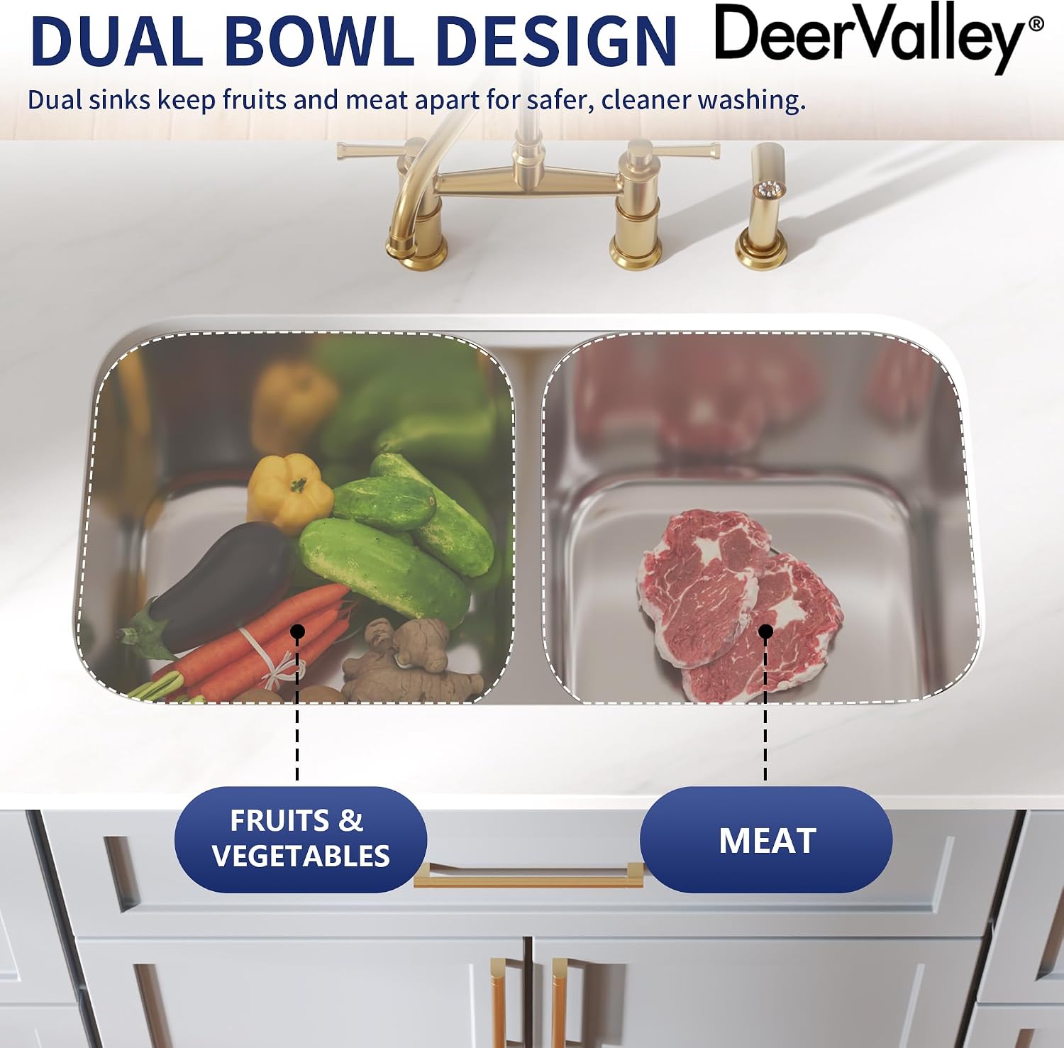 DeerValley 32 Inch Undermount Double Bowl Kitchen Sink 50/50 18 Gauge Stainless Steel Kitchen Sink Spacious Double Basin Design Sinks with Basket Strainer Undermount Sinks for Modern Kitchens