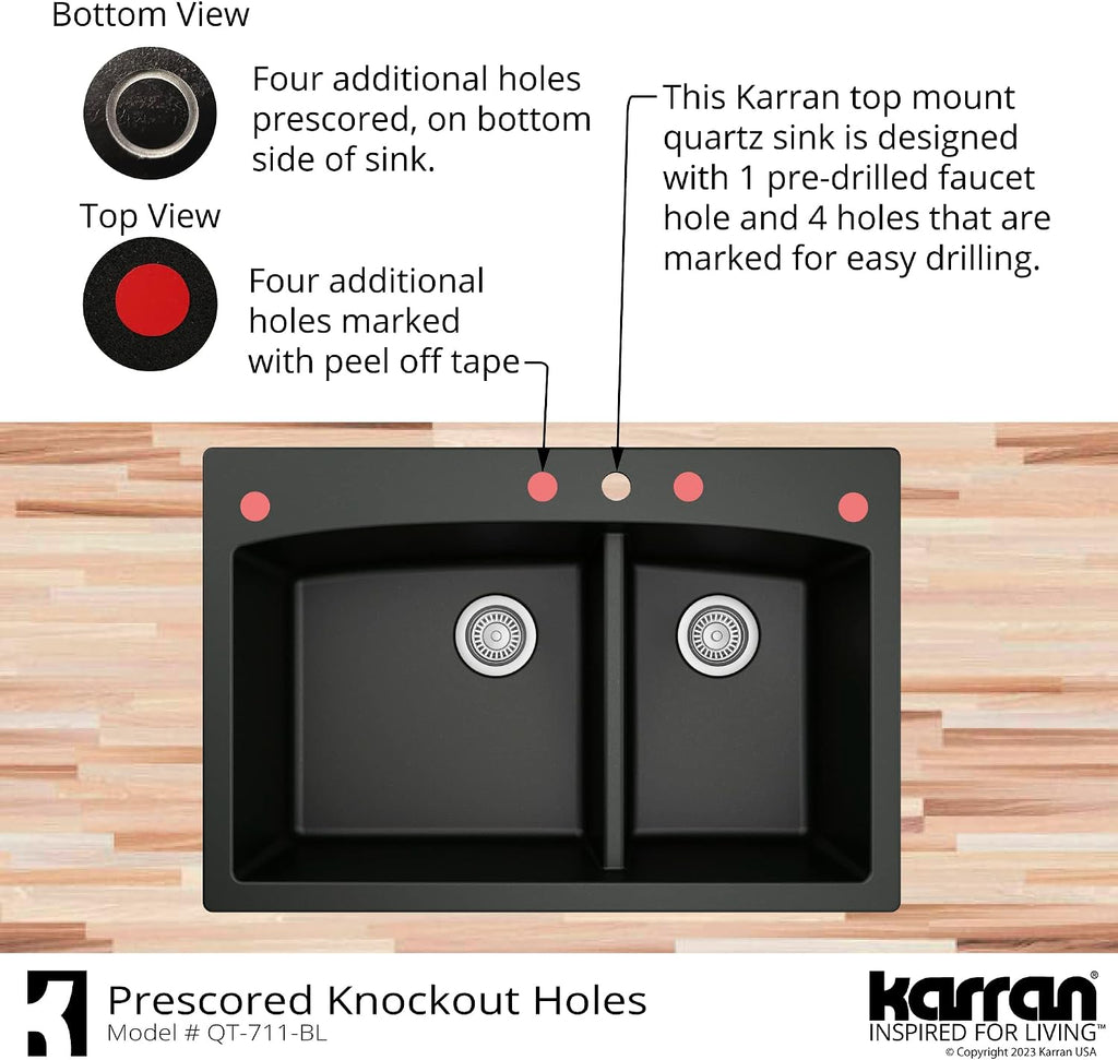 Karran 33 Inch Drop In Double Bowl Kitchen Sink – 60/40 Quartz Composite Granite Top Mount Sink, Deep Basins, 1 Hole with Additional Knockouts, Heat & Scratch Resistant in Grey