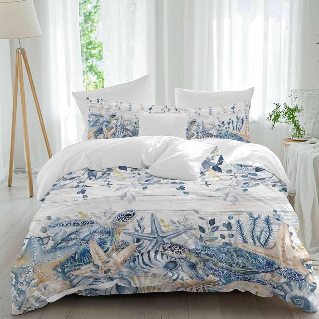 Ocean Turtle Duvet Cover Set Queen Size 4 Pieces Retro Sea Stars Shells Blue Leaf Wood Grain Bedding Set with Zipper Closure, 1 Comforter Cover 92x106 Inches 1 Flat Sheet & 2 Pillow Cases