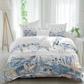 Ocean Turtle Duvet Cover Set Queen Size 4 Pieces Retro Sea Stars Shells Blue Leaf Wood Grain Bedding Set with Zipper Closure, 1 Comforter Cover 92x106 Inches 1 Flat Sheet & 2 Pillow Cases