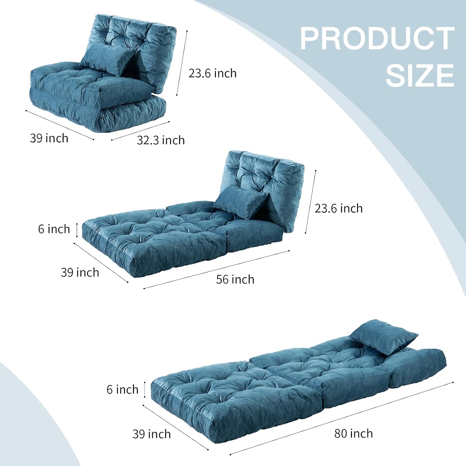 Folding Sofa Bed, Convertible Sleeper Chair with Pillow Foldable Mattress with Back Support, Portable Fold Out Chair Bed Comfy Floor Sofa Lounge for Living Room Bedroom, Blue Twin 80x39 Inch
